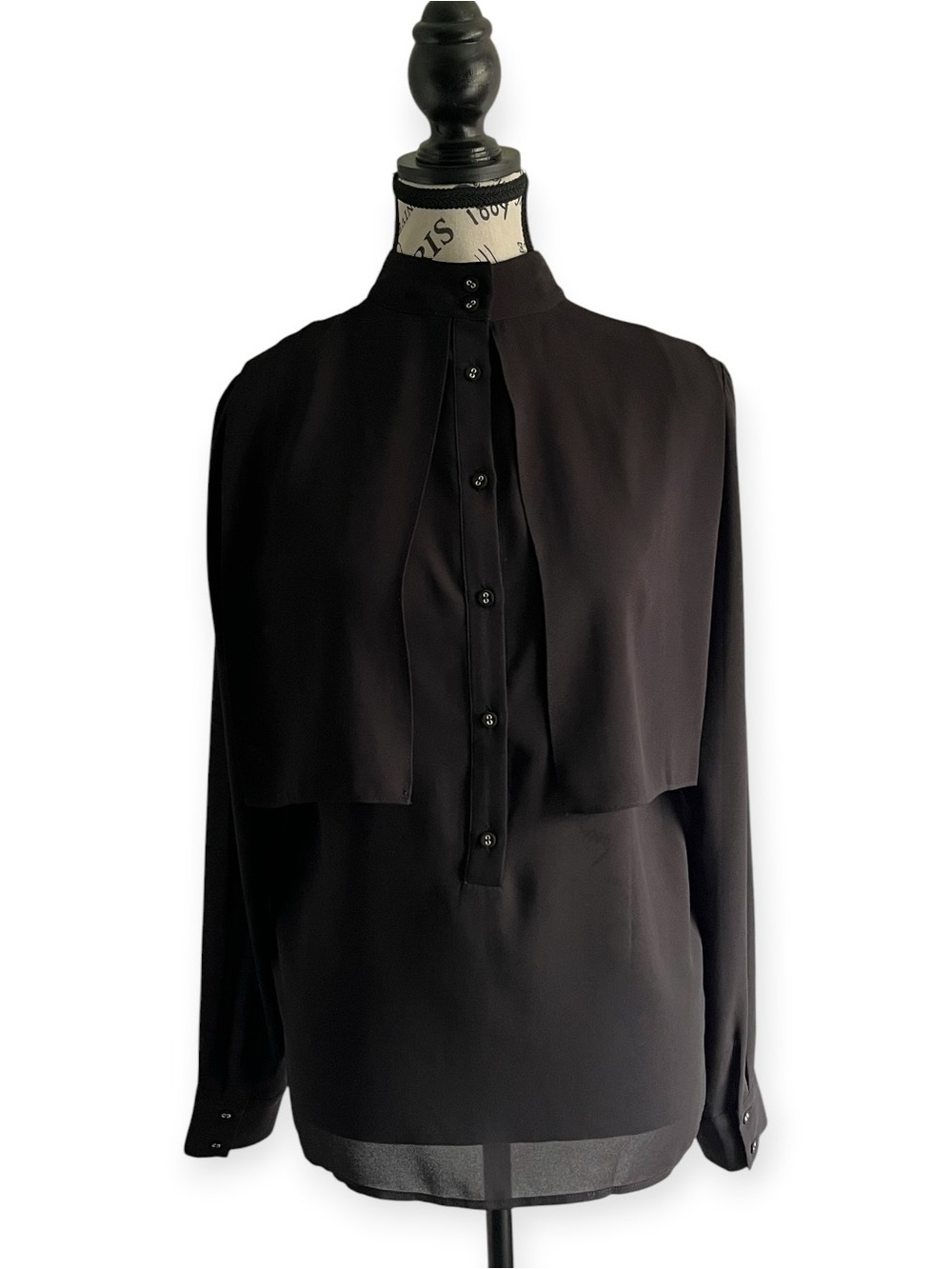 Tristan Black Mesh Cape Blouse High Neck Button Front Minimalist Goth